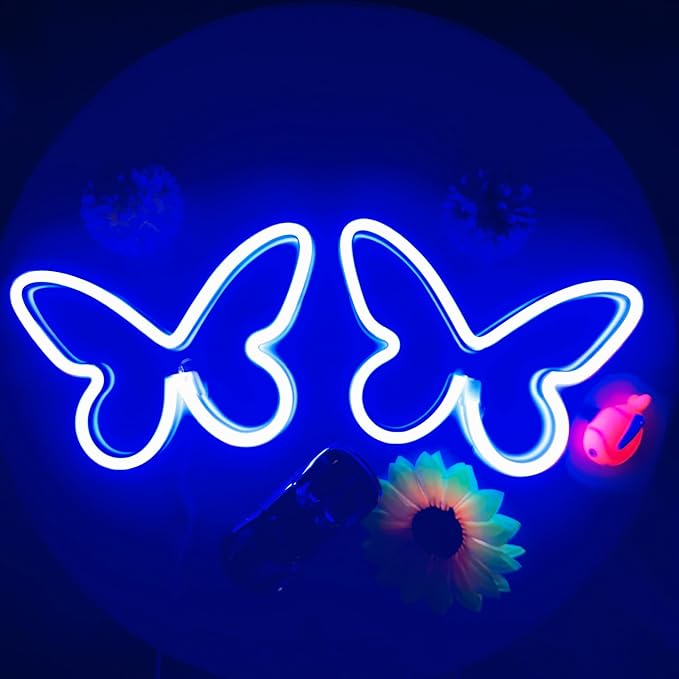 Butterfly Neon Signs for Wall Office Dorm Wedding Birthday Party Room Decor,Neon Butterfly Led Signs Butterfly Decorations for Teen Girls,USB or 3-AA Battery Powered(2Pack Blue)