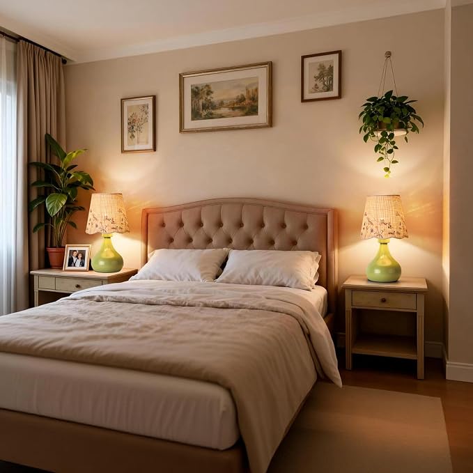 Ziqqeelam Green mall Bedside Cute Table Lamp for Bedroom, Table Lamps for Nightstand, Scalloped Rattan Shade Table Lamps for Small Spaces for Bedroom, Home Office, Living Room