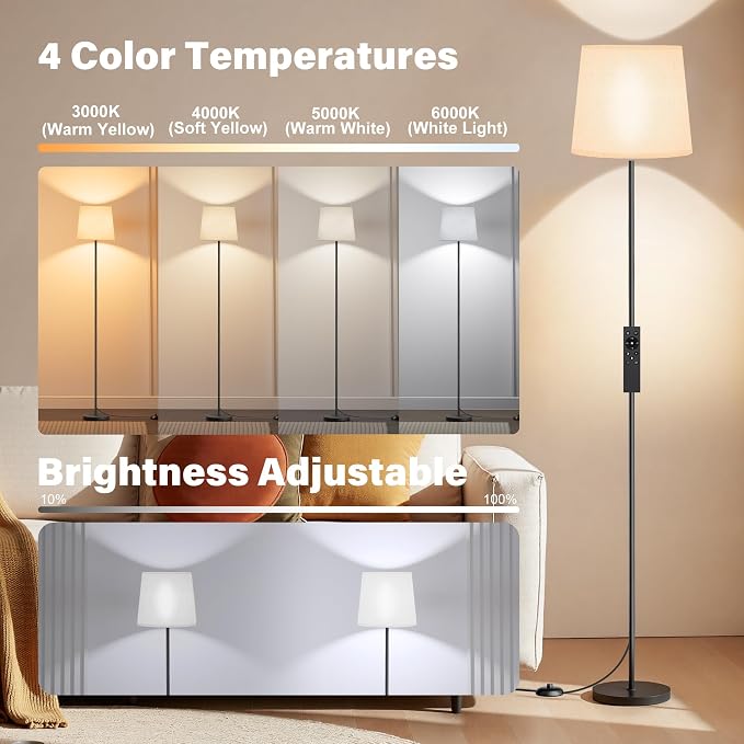Dimmable Floor Lamp with Linen Shade for Living Room | Dimmable LED Standing Lamp with Remote & Foot Switch, Modern Floor Reading Light for Bedroom Office Corner