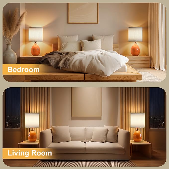 18.5" Table Lamp Set of 2 for Living Room Bedroom, Bedside Lamps for Night Stands, Desk Nightstand Lamp Dimmable, Modern Linen Cream Ceramic Lamps (Orange)