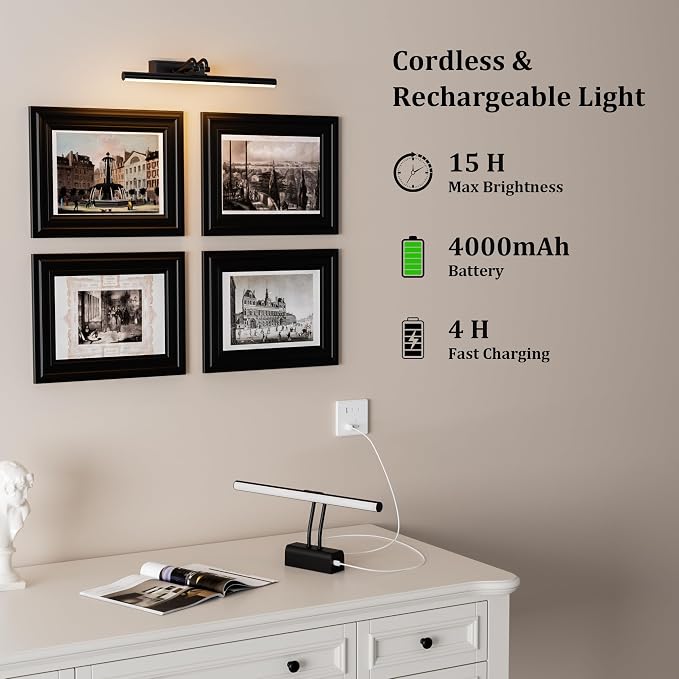 Battery Operated Picture Light for Wall, 13.8'', Black | 4000 mAh, Dimmable, Remote Control, For Art Painting & Gallery, Display for Living Room, Bedroom