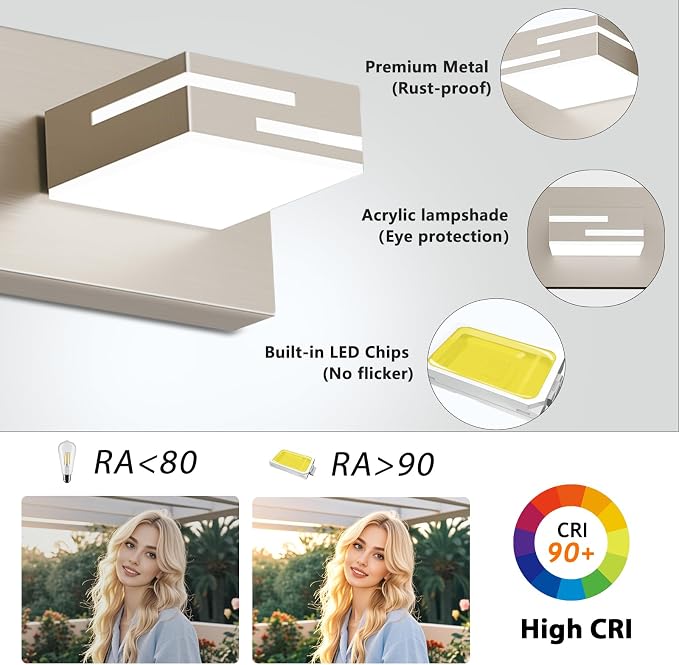 LED Modern Bathroom Vanity Light Fixtures, Dimmable Brushed Nickel Vanity Lights for Bathroom Lighting Fixtures Over Mirror, with 360° Rotatable Acrylic Heads 2-Light 16-inch (Cool White 6000K)