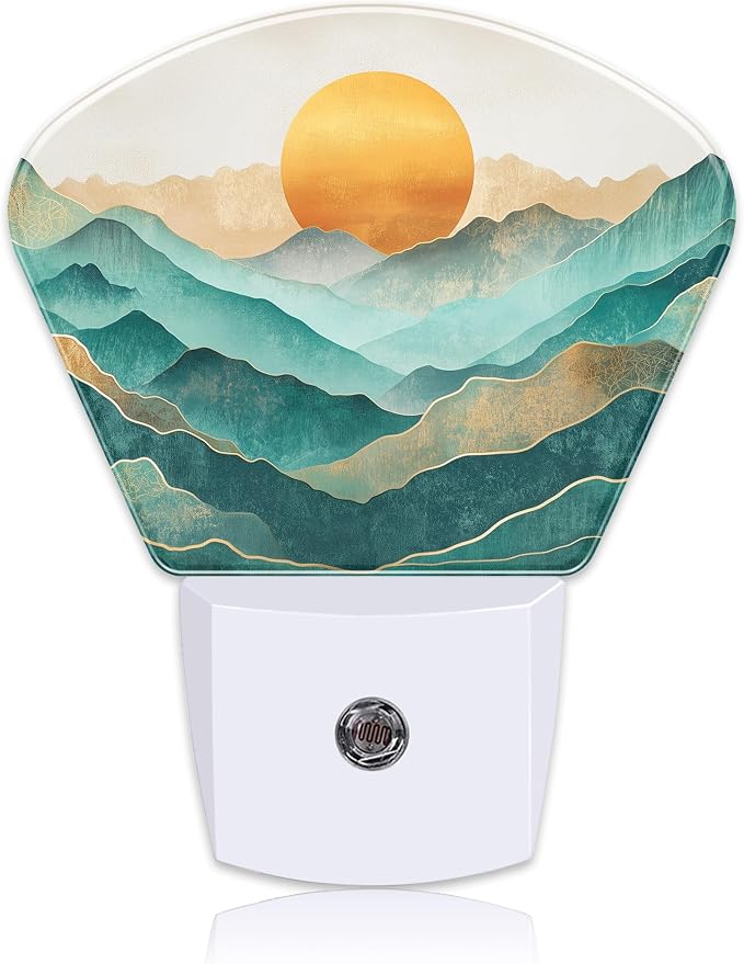 Abstract Golden Sun Plug in Night Lights, Green Mountains Nightlight Plug Into Wall Dusk to Dawn Sensor for Kid Girls Boys Women Men Room, Hallway, Kitchen, Bathroom, Stairs Decor