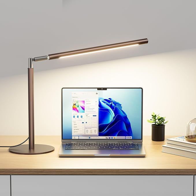 Brown LED Desk Lamp, 16" Dimmable Metal Desk Light with Base, 15W 1200LM, Adapter Included, Color & Brightness Adjustable, Modern Tall Table Lamp for Home Office Reading Study Task Laptop