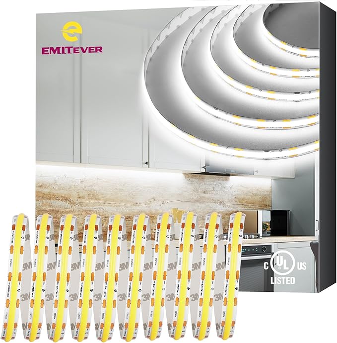 EMITEVER COB LED Strip Lights Cool White 5000K,UL 24V,32.8ft 4800LEDs | Ra 90+,IP30,3W/ft,305+Lumens/ft,5 Year Warranty(Power Supply Sold Separately)for bedroom,living room,kitchen