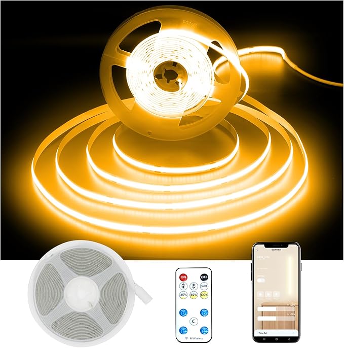DAYBETTER COB LED Strip Lights, 32.8 ft/10 m 3200 LEDs Bright Warm White LED Light Strips with Remote and App, 3000K Dimmable LED Tape Light, Indoor COB LED Lights for Bedroom DIY Lighting