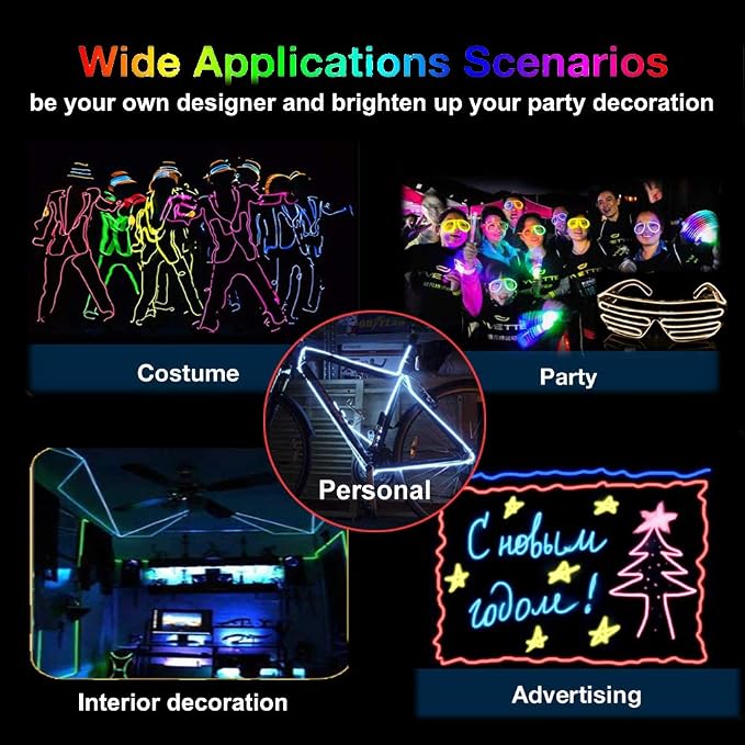 MaxLax EL Wire 7 Pack, 16.4ft Neon Light Wire Noise Reduction with Battery Pack(7 Color)… (16.4ft)…