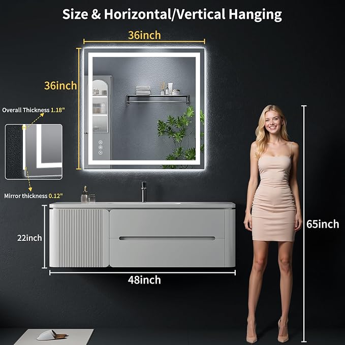 36"x36" LED Bathroom Mirror with Lights, Backlit+Frontlit, Anti-Fog | CRI 95, Stepless Dimmable, 3 Colors Lighting, Shatterproof Tempered Glass, HD Reflection, Memory, (Horizontal/Vertical)