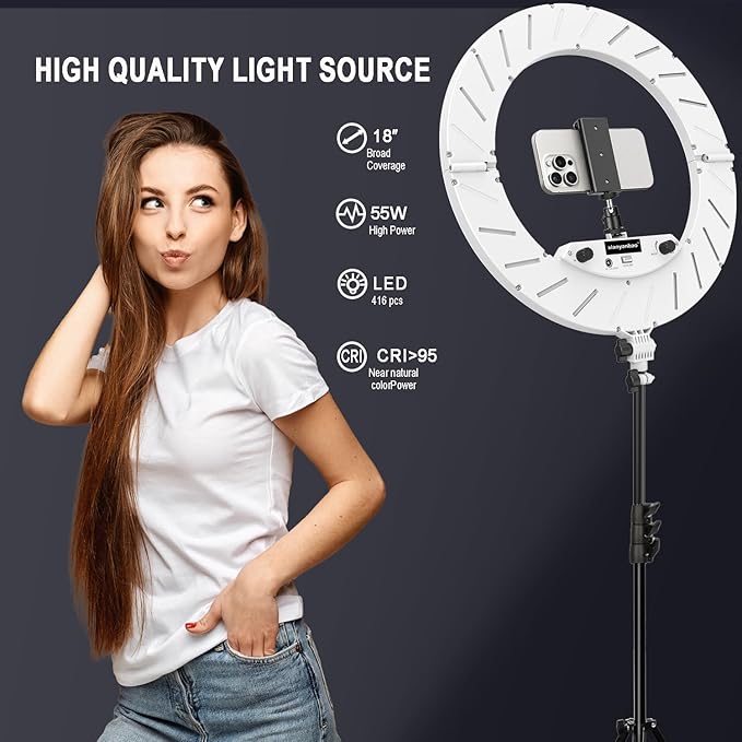 18 Inch Ring Light Kit, 55W Dimmable LED Light, Tripod Stand, Remote Controller,Box,CRI95(White)
