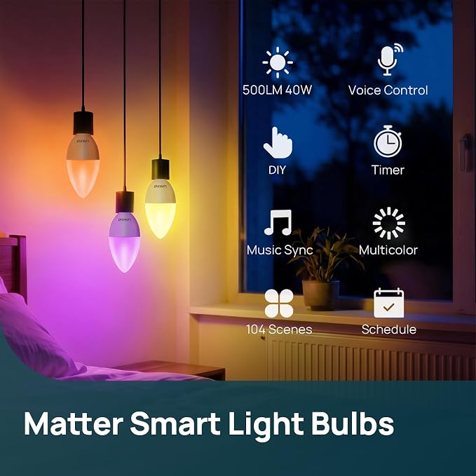 Linkind Matter E12 Led Bulb, Color Changing Smart Light Bulbs, 2 Pack | Works with Alexa/Apple Home/Google Home, Decorative Candelabra Light Bulbs for Chandelier, Tunable White, 2.4G WiFi, 500LM