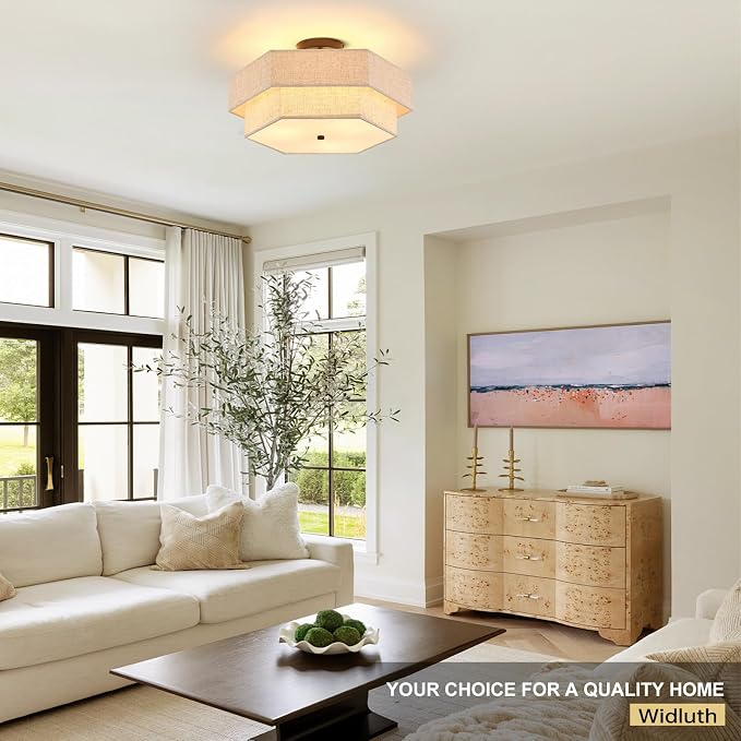 18" Large Black Semi Flush Mount Ceiling Light, 3-Light Fixture | Beige Linen Double Hexagonal Shade, Modern Black Finish For Bedroom, Dining, Living, Hallway, Entryway; Close-To-Ceiling, E26