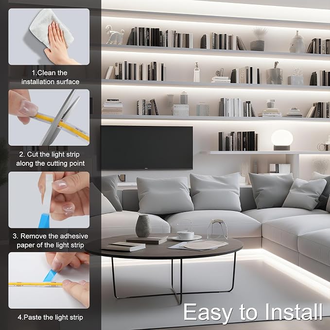 ZSLAIFU 24V COB LED Strip, LED Strip for Bedroom, Touch Dimmable LED Strips, White LED Light Strip, COB Flexible Light for Bedroom Cabinet Vanity Mirror DIY Lighting