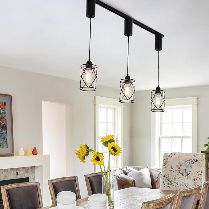 mirrea H-Type Black Track Lighting Pendant with Dotted Cage Clear Glass, Adjustable Hanging Light, E26 Socket, Pack of 3