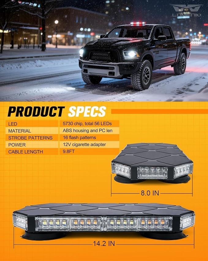 LUMENIX 56 LED Roof Top Strobe Beacon Lights Bar Rooftop Hazard Warning Emergency Safety Flashing Light for Ambulance Firefighter Vehicles Fire Trucks Cars - Red White
