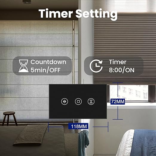 Smart Roller Shutter Switch Single Gang 2.4GHz Wi-Fi Touch Switch, Neutral Wire Required,Work with Smart Life/Tuya App and Alexa,Tempered Glass Panel,Black