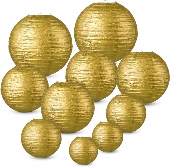 LIHAO 10 Pack Gold Paper Lanterns, 6/8/10/12 Inch, Graduation Party Decor | Chinese Lantern, Ceiling Hanging Decor, Birthday & Wedding Decorations