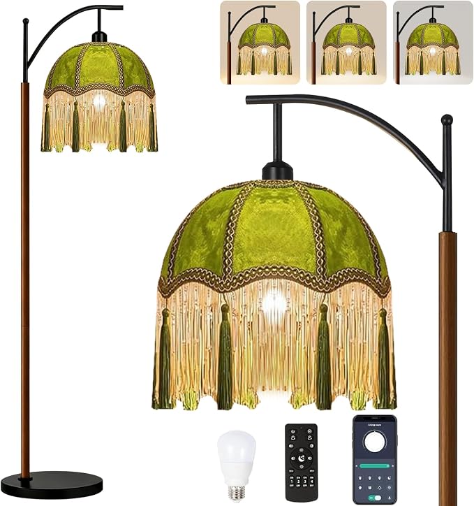 ILLMTW Fringe Floor Lamp for Living Room,Bedroom,Victorian Standing Lamp with Remote Dimmable,Green Mid Century Black Arc Tall Lamp Boho Vintage Retro Wood Tassel Flower Unique Lamp Tiffany Decor