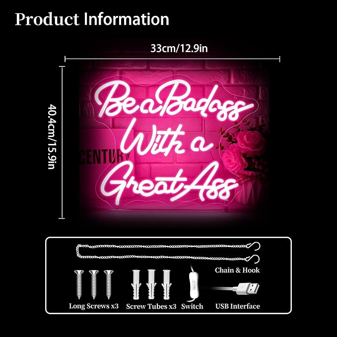 Pink Neon Sign Led Sign Neon Signs for Wall Decor Neon Lights | Be A Badass with A Great Ass Led Light Up Sign, Pink Room Decor, Girls Gift, Party, Gym Wall Decor, 5V USB Powered