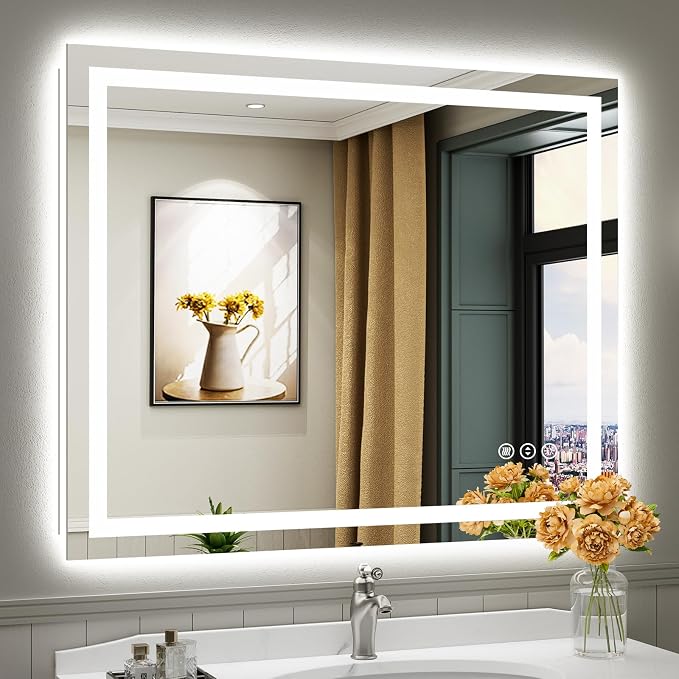 44x36 Inch LED Bathroom Mirror with Lights, Backlit & Front Lit | Anti-fog, 3 Color Dimmable, Memory Function, HD Reflection Tempered Glass, ETL Listed, IP54 Waterproof