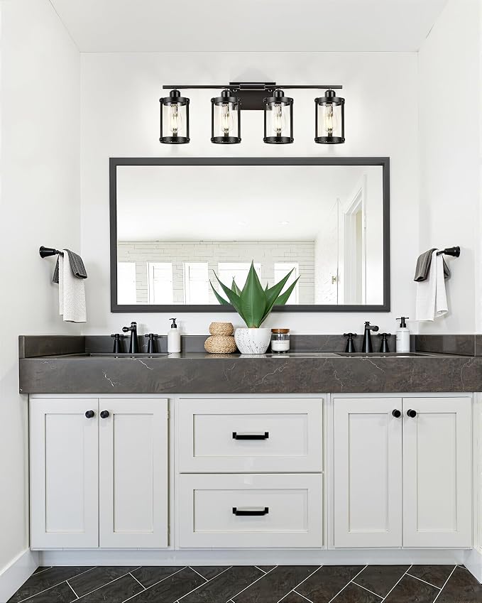 4-Light Black Bathroom Light Fixtures, 29 Inch Modern Bathroom Vanity Lighting Fixtures Over Mirror with Clear Glass and Metal Cage Wall Sconce Lights for Bath, E26, OS-3014BK-4W