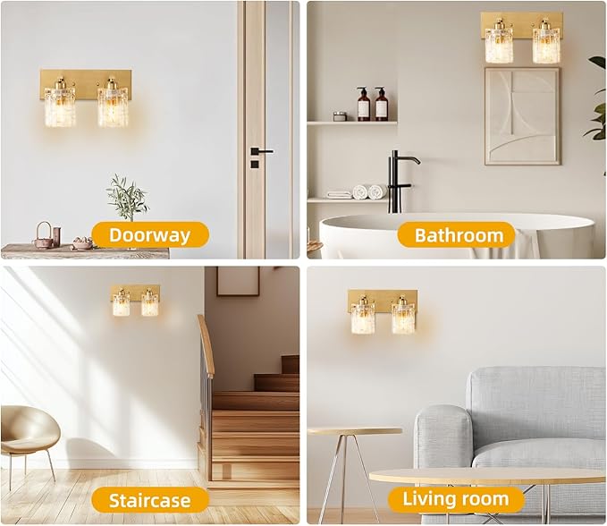 Brushed Gold Crystal Bathroom Vanity Light,2 Lights Modern Bathroom Wall Light,Over Mirror Light Fixtures for Living Room, Bedroom, Hallway