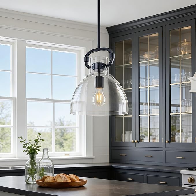 9.8'' Farmhouse Pendant Lights Kitchen Island, 1-Light Glass Modern Black Kitchen Island Lights, Pendant Light Fixtures for Dining Room Bedroom Over Table, E26