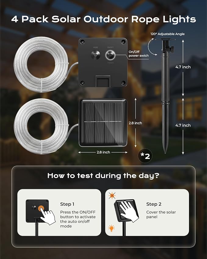 Brightown 4 Pack 39FT 100LED Warm White Solar Rope Lights Waterproof | IP65 waterproof solar fairy lights with 8 lighting modes, solar powered, perfect decor for yard, garden and outdoor tree