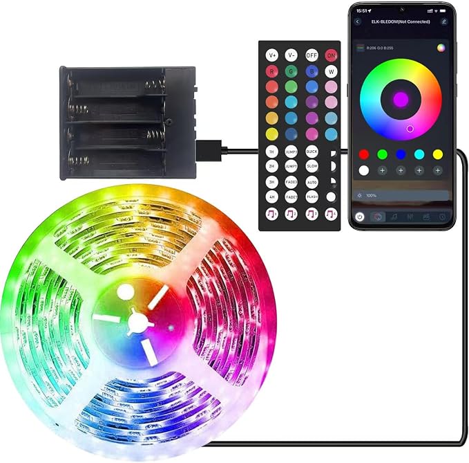 Battery Operated LED Strip Lights 13.12ft RGB Color Changing, Music Sync, Remote & App Control for Bedroom, Party, TV, Decor (13.12ft)