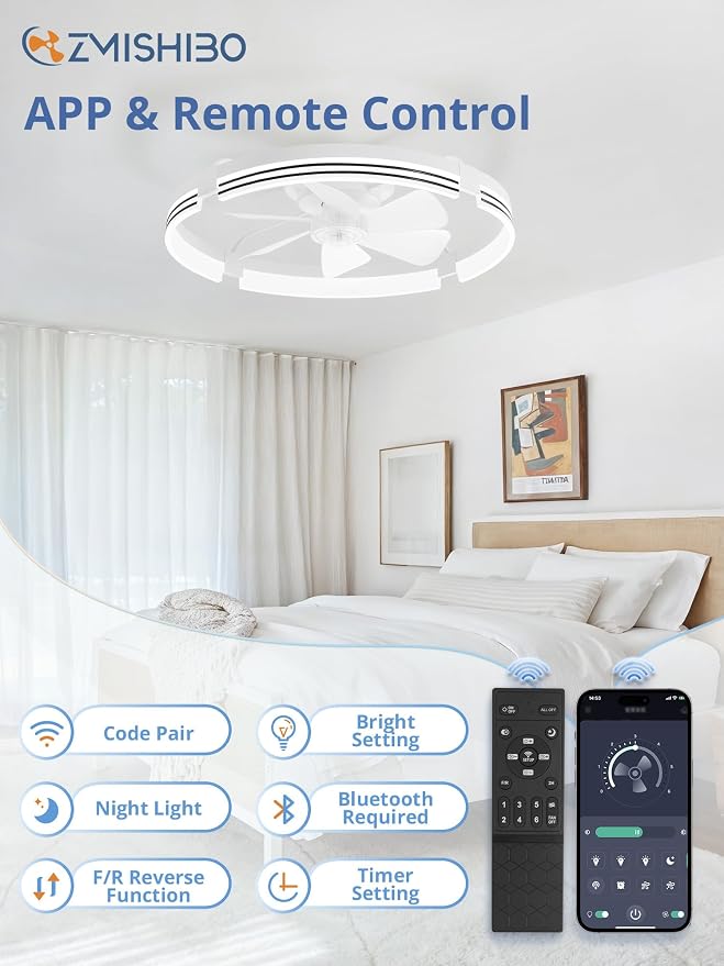 ZMISHIBO Low Profile Ceiling Fans with Lights and Remote, 24 “ White | 3000K-6000K Dimmable Fandelier LED, Flush Mount, 6 Wind Speeds, Reversible, Timer, Bedroom, Living Room, Kitchen, Kids Room