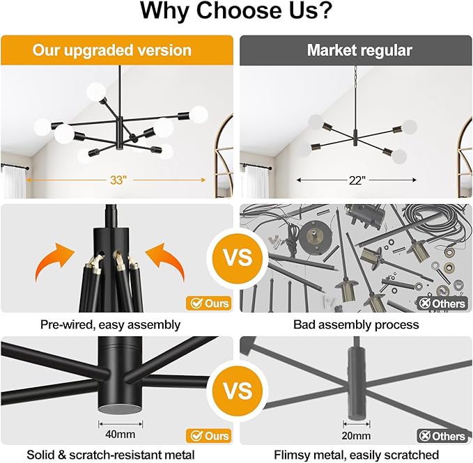 Sputnik Chandeliers Dining Room Light Fixture (8-Light, 30-Inch), Modern Black Chandelier, Height Adjustable Mid Century Modern Chandeliers for Dining Room Kitchen Island (Bulbs Not Included)