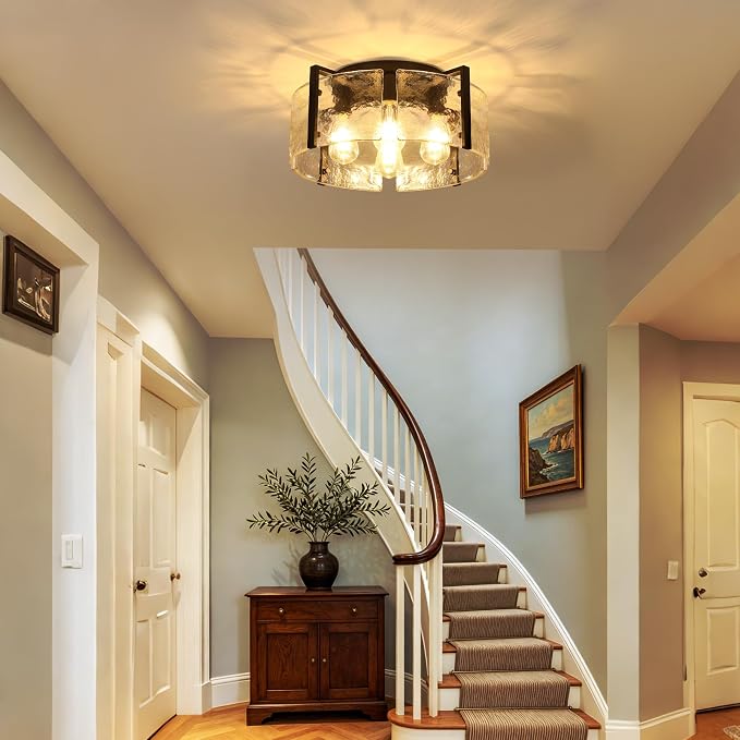 17.7'' Black Semi Flush Mount Ceiling Light, 4-Light Glass Ceiling Lights for Kitchen Island Modern Hallway Light Fixtures, Farmhouse Ceiling Mount Light for Entryway Hallway Bathroom Kitchen Bedroom