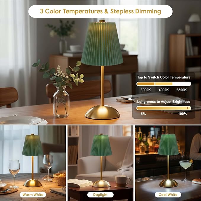 2-Pack LED Cordless Table Lamps, Green Rechargeable Battery Lamps | Mini Battery Operated Lamps, Dining Table Lamp Stepless Dimming, Small Touch Lamp for Mahjong Table, Nightstand (Gray-Green)