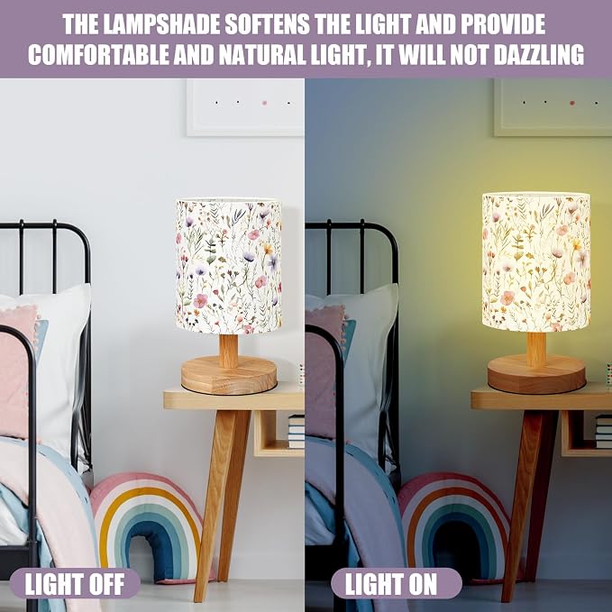 Wildflower Kids Table Lamp for Bedroom Kids Bedside Lamp with Linen Wooden Nightstand Cartoon Nursery Lampshade for Girls Boys Living Room