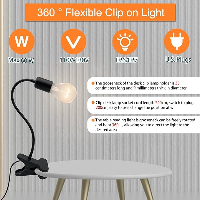 Clip Desk Lamp Socket, 240CM Cord Clamp Light Socket E26 E27 Clip Lamp Holder 360 Flexible Clip on Light with On/Off Switch, Portable, for Lighting, Plant Growth, Black (No Bulb)