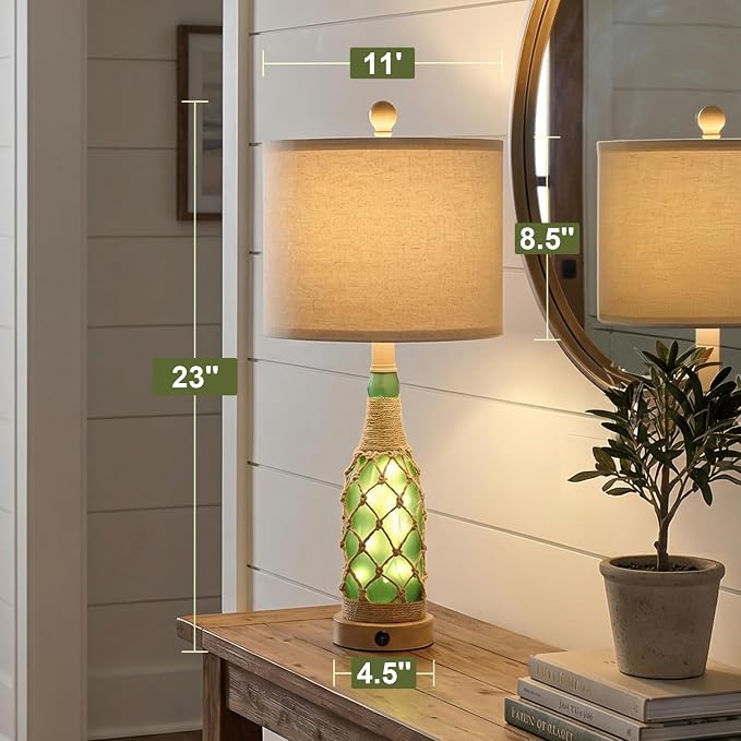 23'' Boho Table Lamps with Night Light for Living Room, Bedside Lamps Set of 2 with A+C Charging Ports for Bedroom, Farmhouse USB Lamps for Nightstand Console, Glass Bottle Rope Base, Green