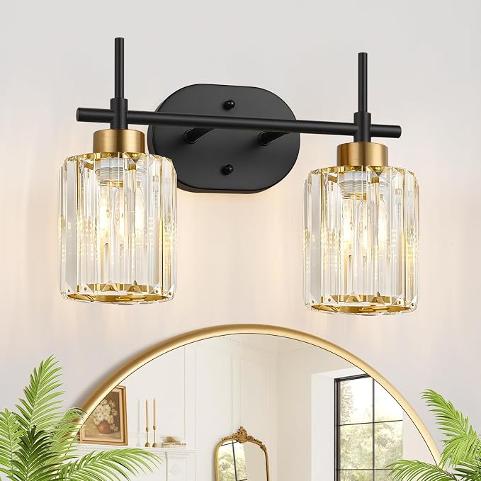 Modern Crystal Bathroom Vanity Light Fixtures, 2-Light Black and Gold Bathroom Wall Sconce Lighting for Over Mirror, Clear K9 Crystal Shades, E26 Base, Bulbs Not Included