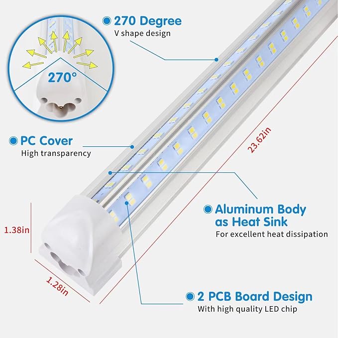 Led Shop Light 2ft, Led Shop Light,25W 6500K 3200LM Clear Cover,T8 LED Light Fixture,Ceiling and Utility Shop Lights, Linkable Light Fixture for Room, Garage, Workbench, Warehouse(2-Pack)