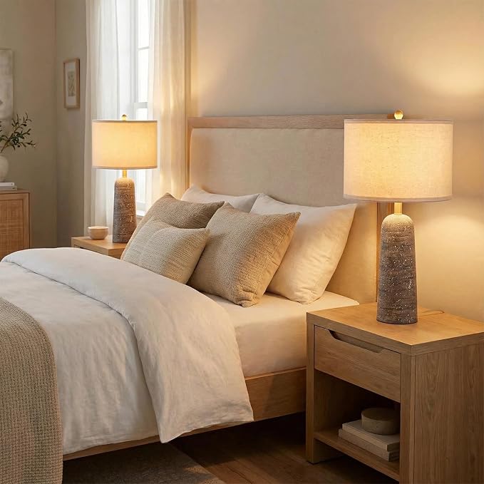 BOBOMOMO 27.25" Modern Table Lamp Set of 2, Light Grey Resin Table Lamps with Stone Look, Lamps for Living Room with Linen Shades, Bedroom Nightstand Lamps, Table Lamps for Living Room End Tables