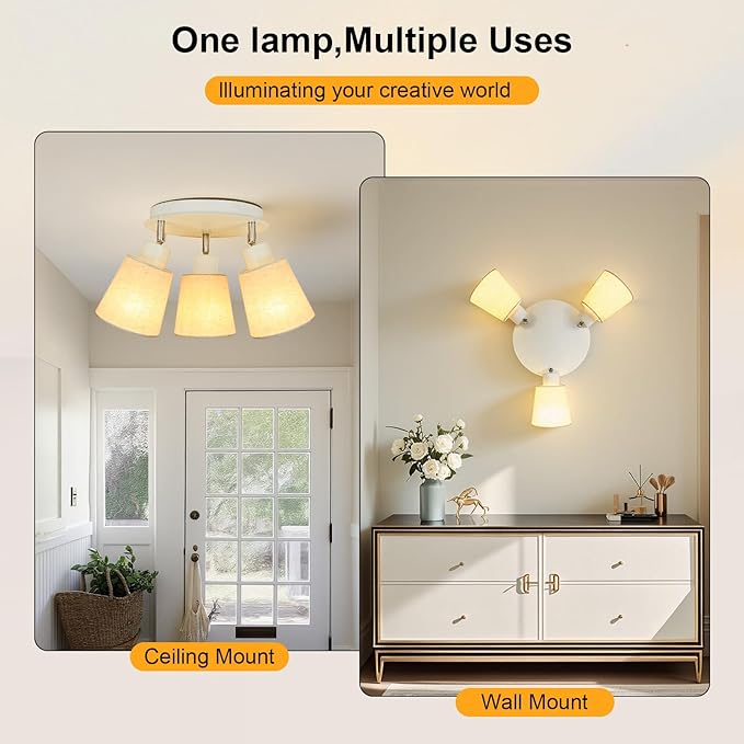 LTBLIGHT 3-Light Ceiling Track Light, White Modern Adjustable Spotlight with Linen Shade, Track Lighting Fixture for Dinning Room Study Room Rental Friendly, E26 Base (Bulbs Not Included)