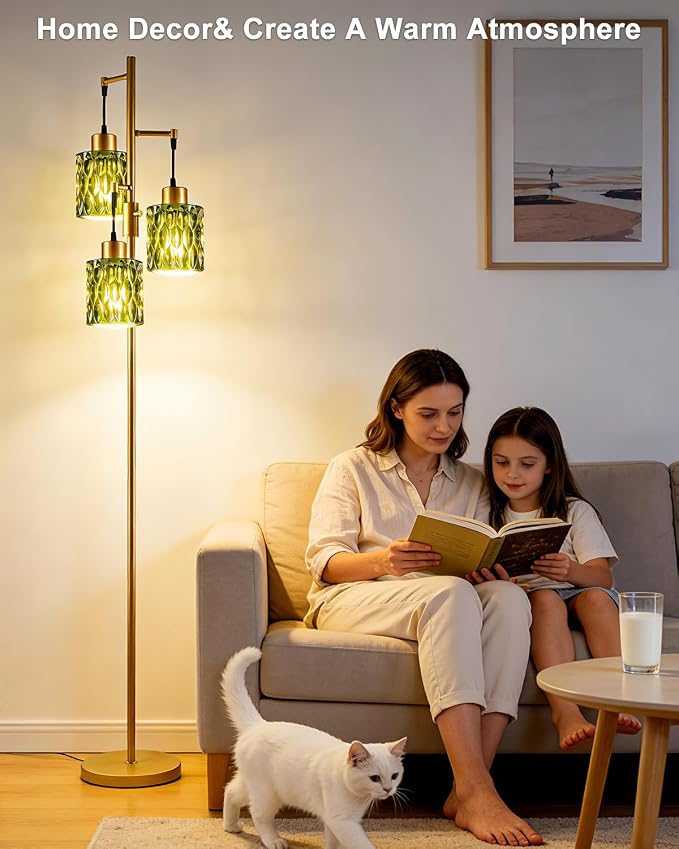 Lightdot 67" 3-Light Glass Floor Lamp for Living Room, Dimmable with Green Glass Shade & E12 Bulbs Included, Mid Century Standing Tall Lamp with 5Lbs Heavy Base for Bedroom/Sofa Beside/Corner - Gold