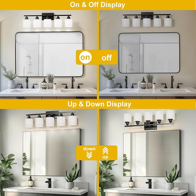 5-Light Bathroom Light Fixtures Over Mirror, Matte Black Vanity Lights, Modern Bathroom Vanity Light, Glass Shade & Anti-Rust Nickel Finished, Bathroom Light for Small Space