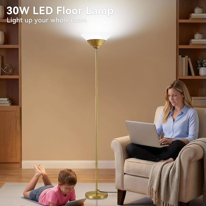 Torchiere Floor Lamp, 30W Dimmable LED Standing Lamp with Remote/Button Control, 1800Lm, 3000-6500K, 72in Bright Standing Pole Light for Living Room Bedroom Office Corner,Gold