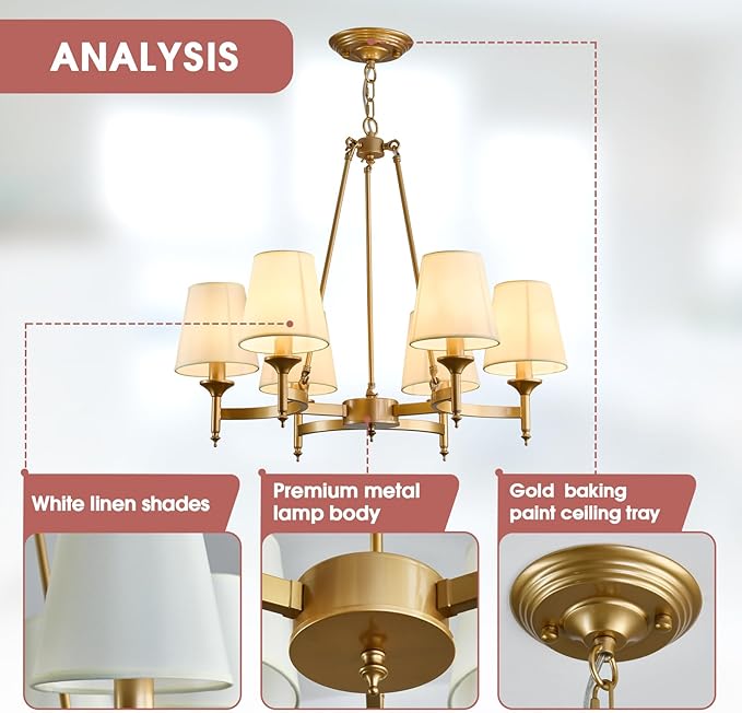 Gold Wagon Wheel Chandelier with White Linen Shade 6-Light Industrial Ceiling Light Fixture 26.8inch Large Farmhouse Hanging Pendant Light for Dining Living Room Kitchen Bedroom Entryway Foyer