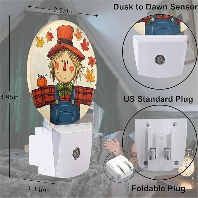 Mugod Autumn Scarecrow Plug-in Nightlights Maple Leaf Fall Night Light Plug into Wall with Dusk-to-Dawn Sensor LED Lighting 0.5W Sleep-Friendly