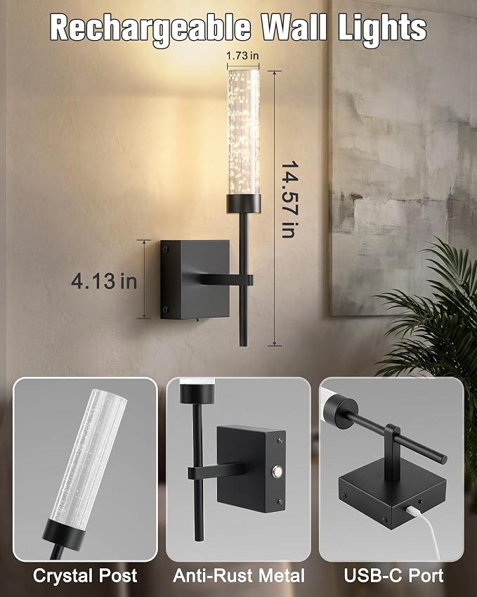 Crystal-Inspired Bubble Wireless Wall Sconces, 10000mAh Battery Operated Wall Sconces Set of 2, 3 Color Temps Rechargeable Wall Lights with Remote, Dimmable Wall Lamp for Living Room Bedroom