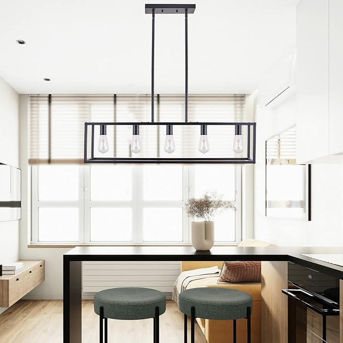 Kitchen Light Fixtures Dining Room Light Farmhouse Rectangle Chandeliers for Dining Rooms, Light Fixture Matte Black 5-Light Industrial Pendant Lighting