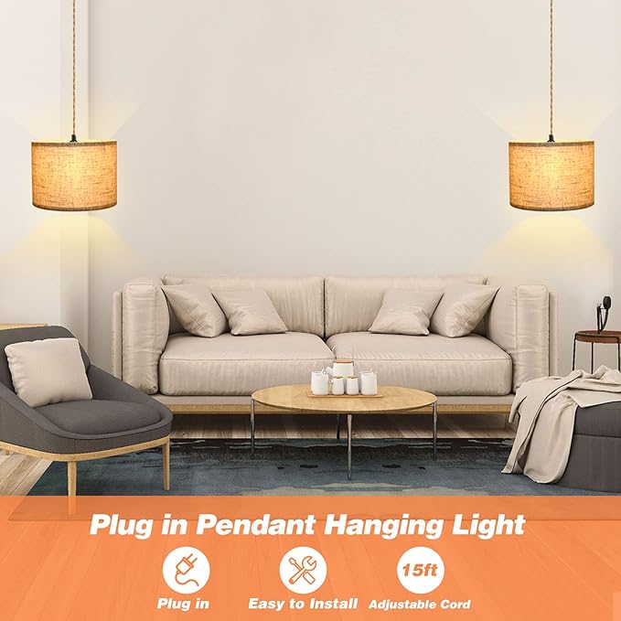 Plug in Pendant Light, Hanging Lights with Plug in Cord, Hanging Lamp with 15ft Hemp Rope, On/Off Switch, Beige Linen Shade, Light Fixture for Bedroom, Living Room, Dining Table 2 Pack