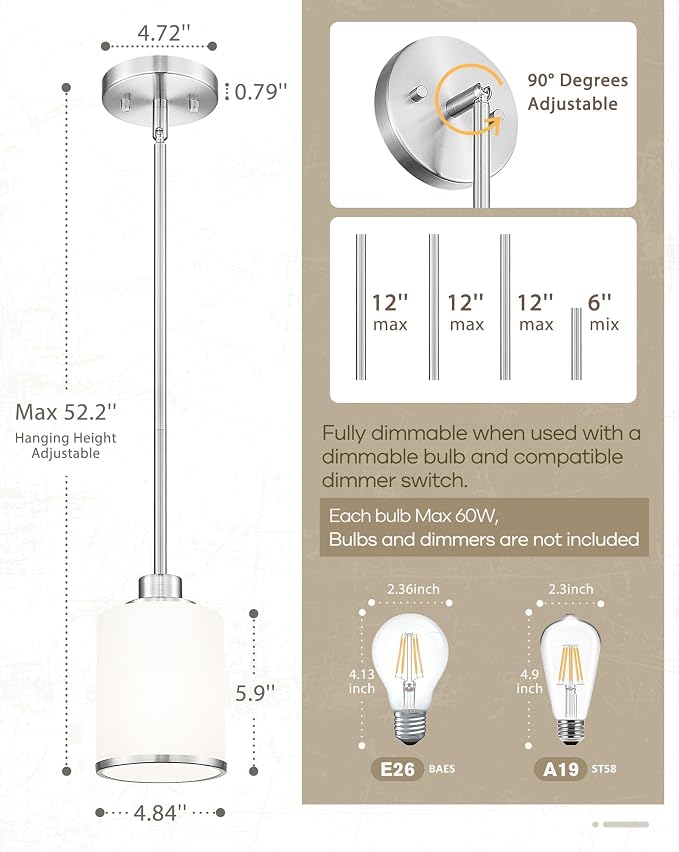 Beionxii Brass Nickel Pendant Lights 3 Pack,Modern Milk Glass Pendant Light | Mini Kitchen Pendant Lighting, Hanging Pendant Light for Sink Kitchen Island Dining Room Bedroom Entryway, BX-PL02BN-3PK