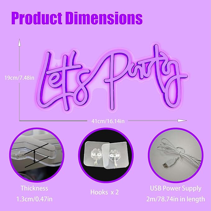 Let's Party Neon Sign,Adjustable LED Neon Lights powered by USB,Wall Decor Art Decorative Lights for Birthday Party,Wedding Party,Prom(Pink)