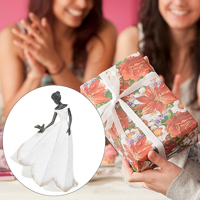 Guichifun Fairy Statue, White, 8.5 x 5.25 x 12 Inch | Leaf Angel Girls With Bird, Resin, Indoor Outdoor Yard Decorations, Figurines, Retirement Gift